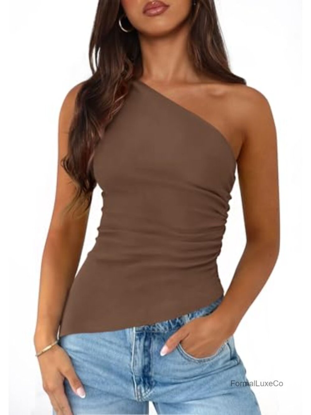 One Shoulder Sleeveless Tank Top Women Ruched Bodycon Summer Y2K Stretch
